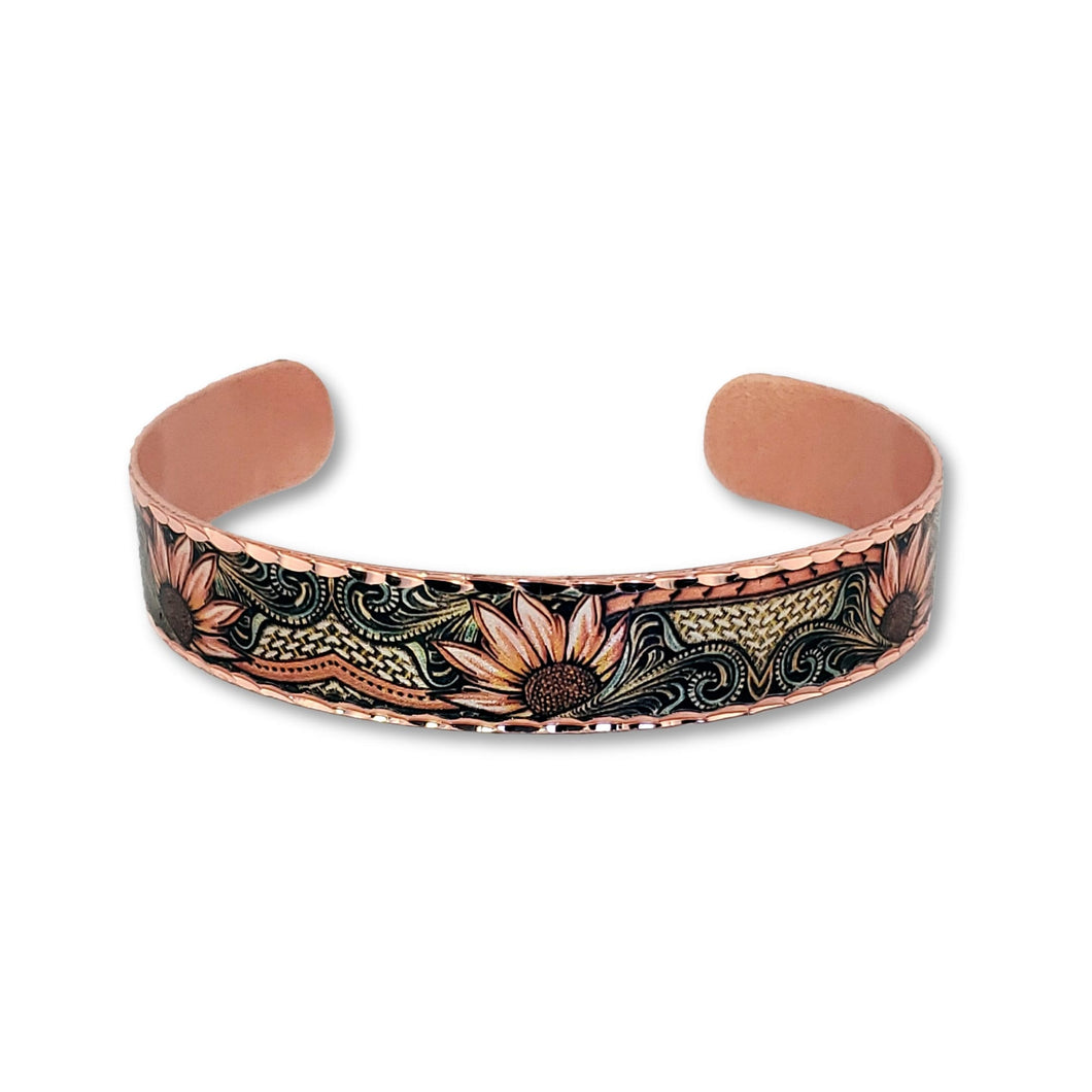 Copper Art Bracelet - Western Sunflowers Narrow Cuff