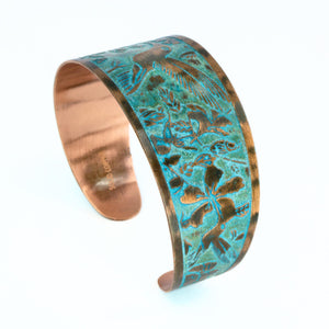 Solid Copper Patina Cuff Bracelet with Hummingbird & Floral Motif & Dark Verdigris Patina