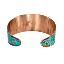 Load image into Gallery viewer, Solid Copper Patina Cuff Bracelet with Hummingbird &amp; Floral Motif &amp; Dark Verdigris Patina
