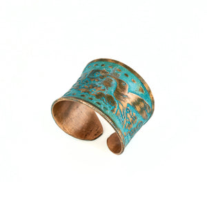 Solid Copper Patina Concave Cuff Ring with Hummingbird & Floral Motif & Dark Verdigris Patina