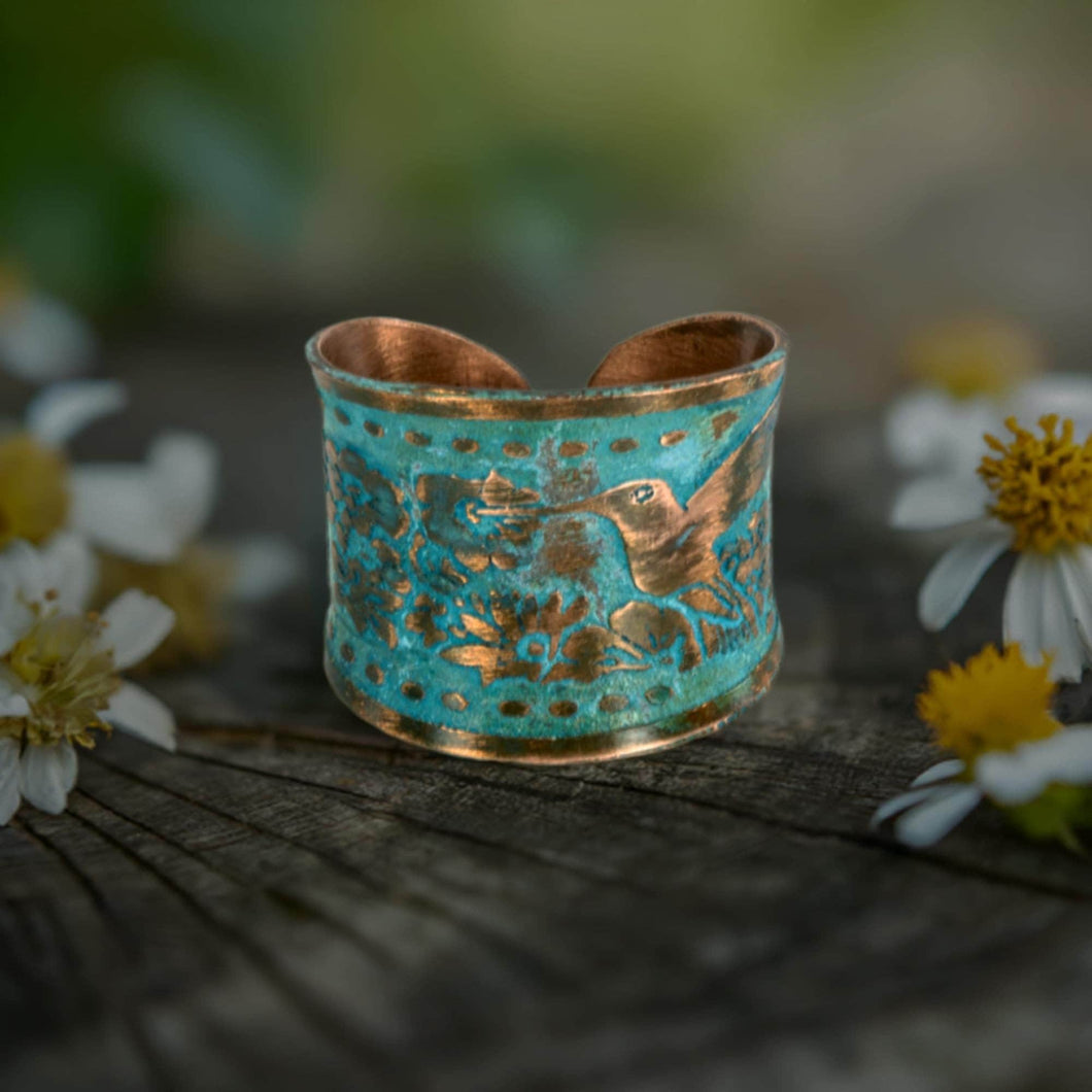 Solid Copper Patina Concave Cuff Ring with Hummingbird & Floral Motif & Dark Verdigris Patina