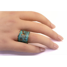 Load image into Gallery viewer, Solid Copper Patina Concave Cuff Ring with Hummingbird &amp; Floral Motif &amp; Dark Verdigris Patina
