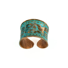 Load image into Gallery viewer, Solid Copper Patina Concave Cuff Ring with Hummingbird &amp; Floral Motif &amp; Dark Verdigris Patina
