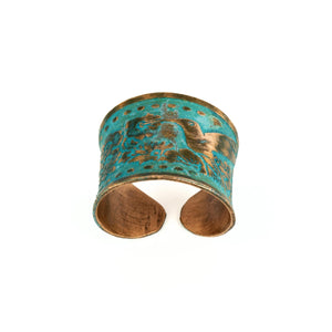 Solid Copper Patina Concave Cuff Ring with Hummingbird & Floral Motif & Dark Verdigris Patina