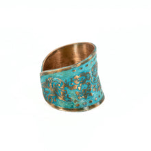 Load image into Gallery viewer, Solid Copper Patina Concave Cuff Ring with Hummingbird &amp; Floral Motif &amp; Dark Verdigris Patina
