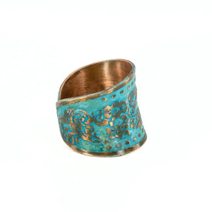 Solid Copper Patina Concave Cuff Ring with Hummingbird & Floral Motif & Dark Verdigris Patina