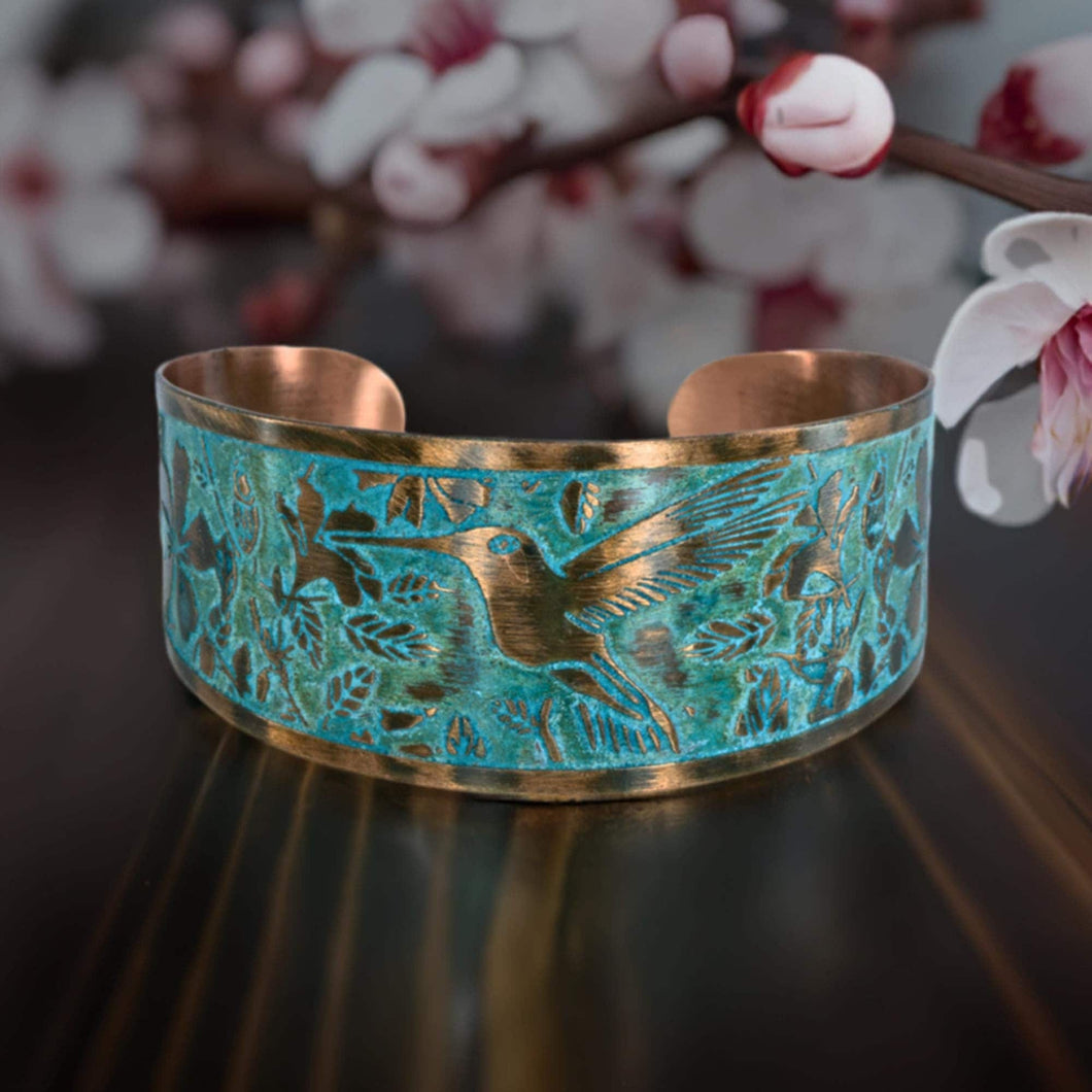 Solid Copper Patina Cuff Bracelet with Hummingbird & Floral Motif & Dark Verdigris Patina