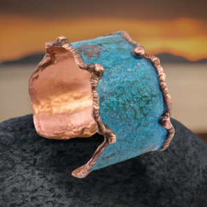 Solid Copper Statement Verdigris Cuff Bracelet With Molten Copper Edging